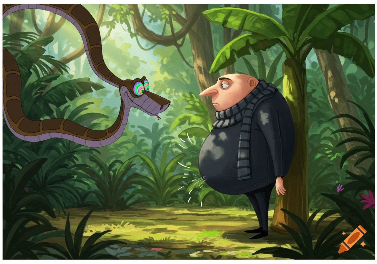Cartoon of Kaa the snake with hypnotic eyes facing Gru from Despicable Me, who has a large belly, in a lush jungle setting.