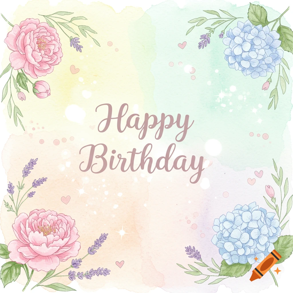 Pastel watercolor Happy Birthday card with pink peonies, blue hydrangeas, and lavender.