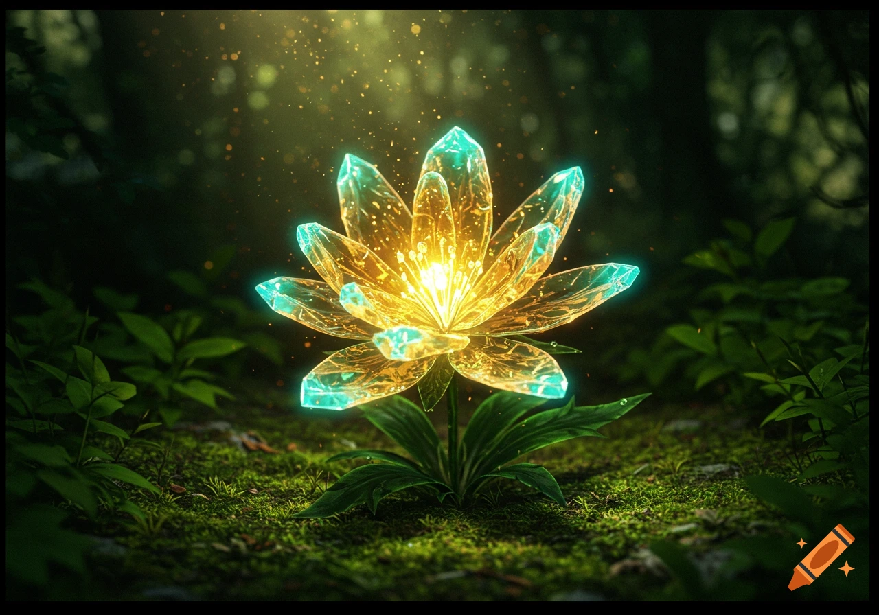 A vibrant, glowing crystal flower with gold and turquoise light in a dark, mossy forest, with sparkling particles.