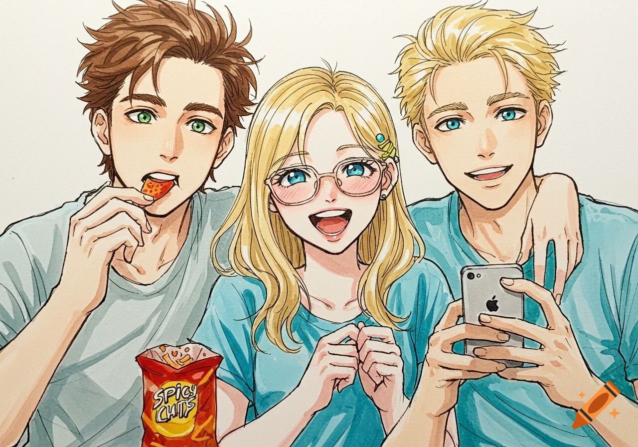 Anime illustration of three smiling friends, two males and one female, eating chips and looking at a phone.