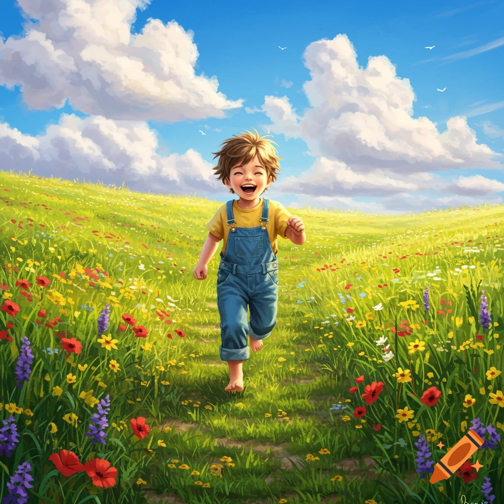 A happy young boy in blue overalls runs barefoot through a vibrant field of colorful wildflowers under a bright blue sky with fluffy clouds.