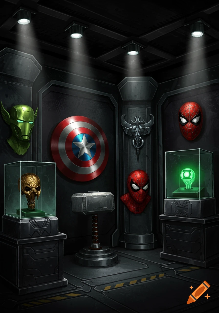 A dark trophy room displaying various superhero and supervillain artifacts like Captain America's shield, Thor's hammer, Spiderman masks, and a Green Lantern ring.