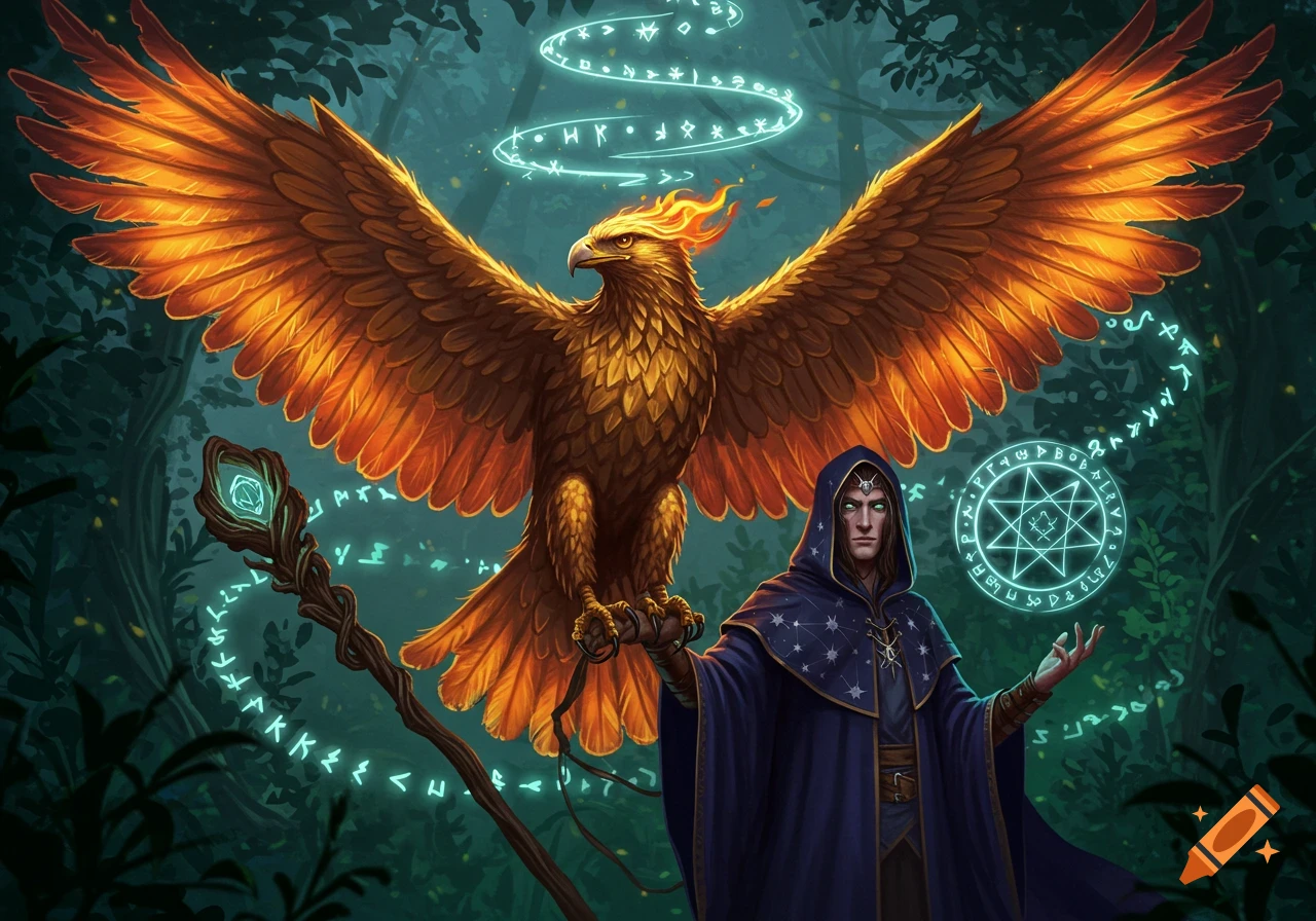 A wizard with glowing eyes and a blue starry robe stands with a large, fiery golden eagle. Glowing runes and magic symbols surround them in a dark forest.