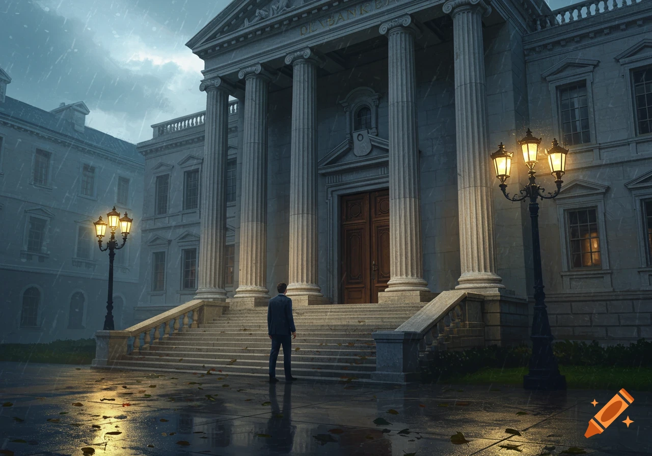 A man in a suit stands at the bottom of grand stone steps leading to a large classical bank building under a dark, rainy sky with glowing lampposts.
