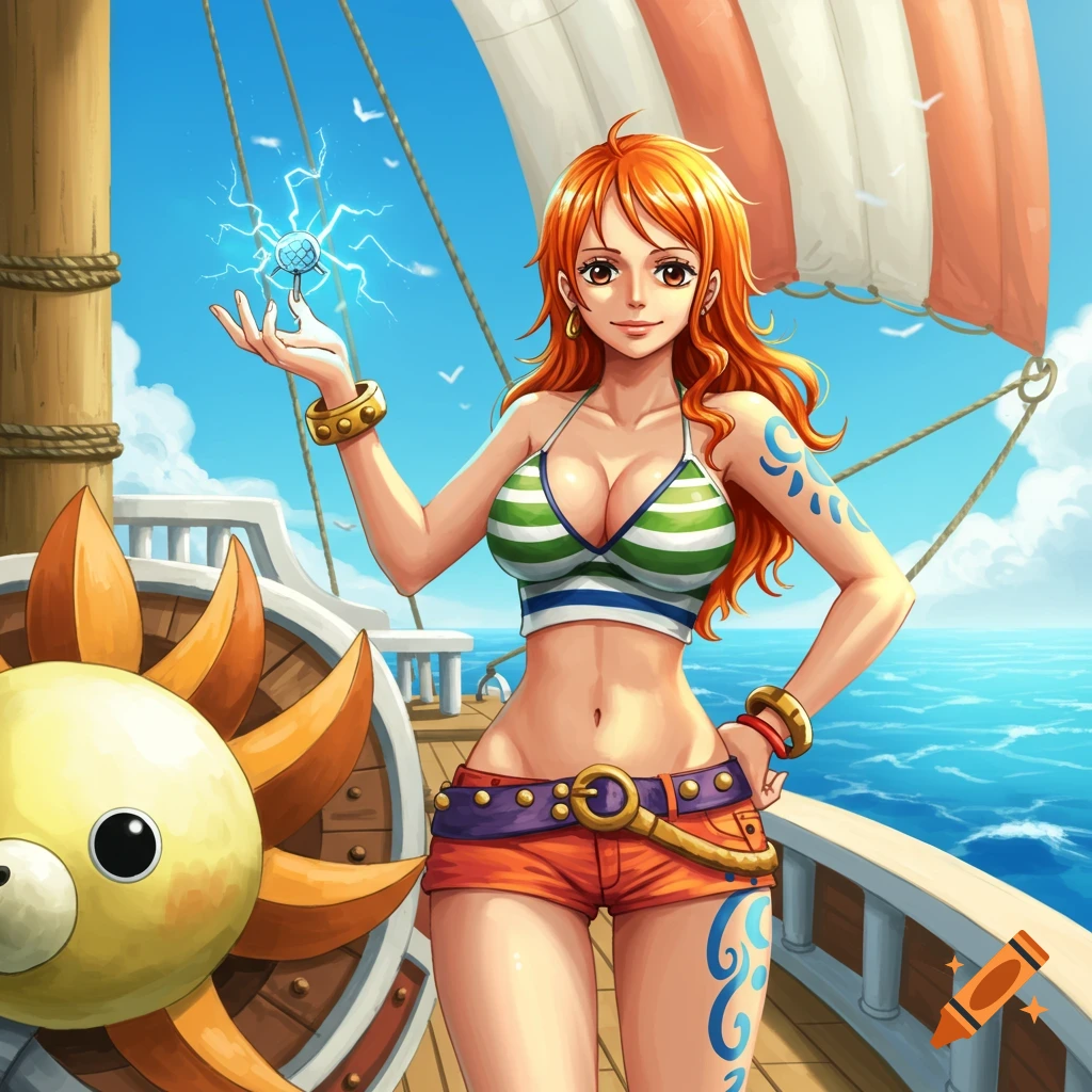 Anime illustration of Nami from One Piece standing on a ship deck, holding a weather staff, with the ocean and sails behind her.