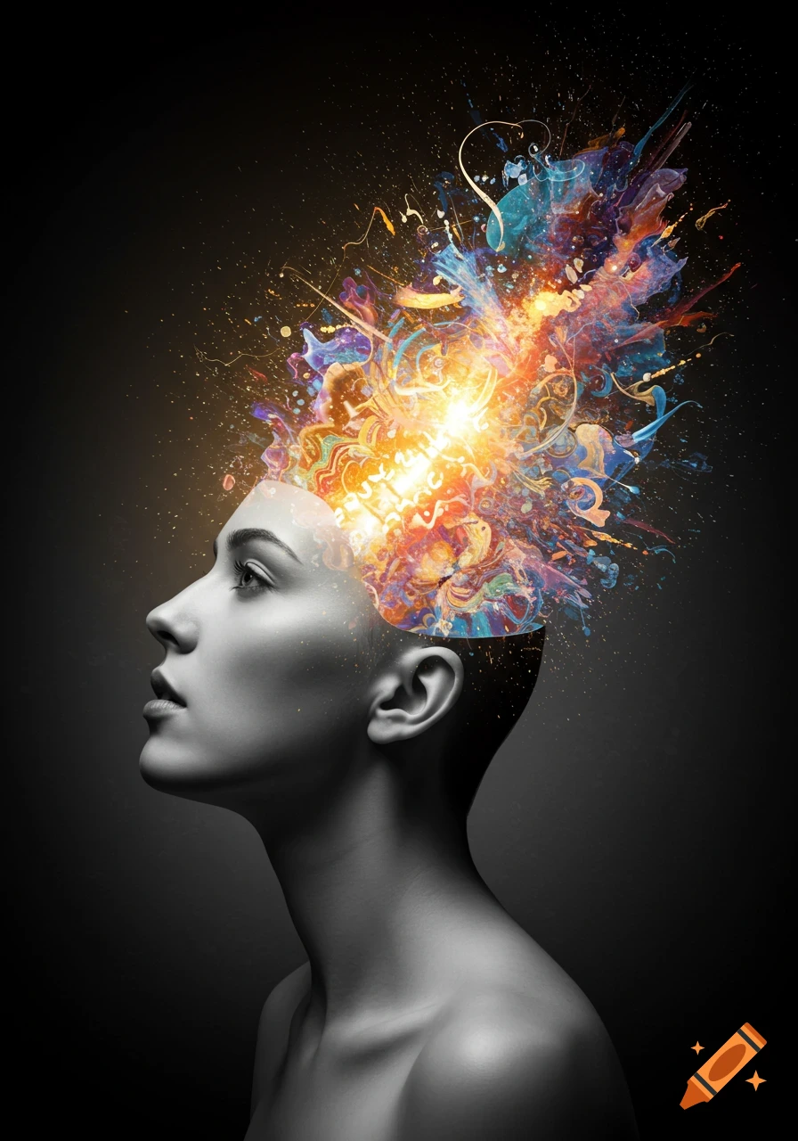Black and white profile portrait of a woman with an explosion of colorful abstract shapes and light bursting from her head.