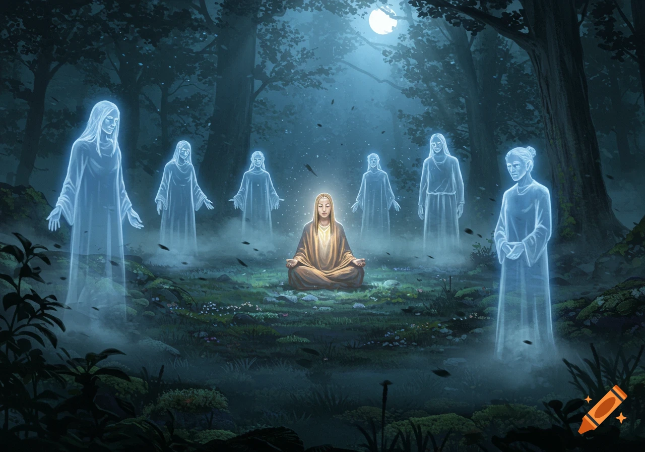 A person meditates in a dark forest, surrounded by ethereal, glowing ghost figures under a full moon. Illustrated fantasy style.