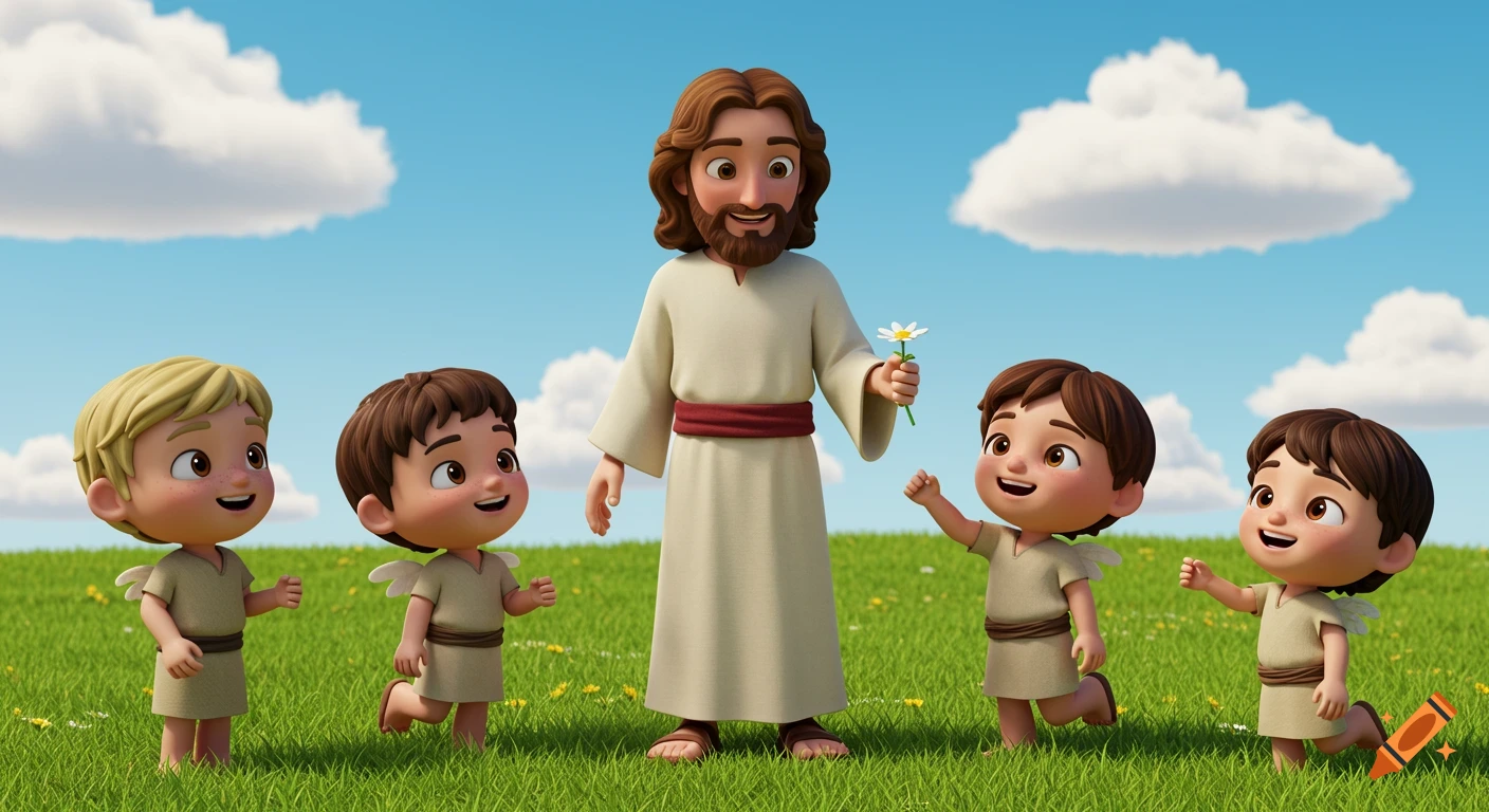 3D animation of a bearded Jesus holding a daisy, surrounded by four smiling children in a grassy field under a blue sky.