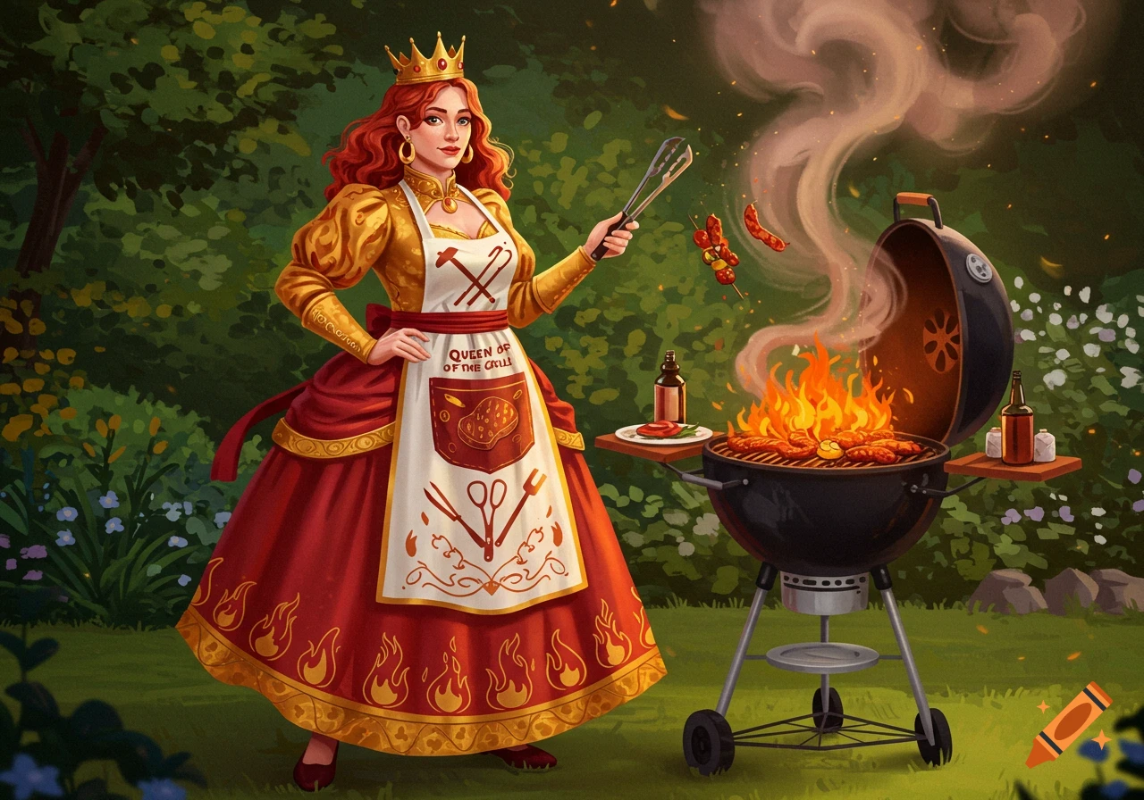 Red-haired fantasy queen with a crown and 'Queen of the Grill' apron, barbecuing sausages and peppers in a lush garden. Illustration.