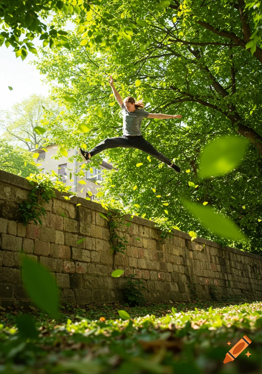 A person in mid-air, leaping over a stone wall with arms and legs spread, surrounded by vibrant green leaves and trees.