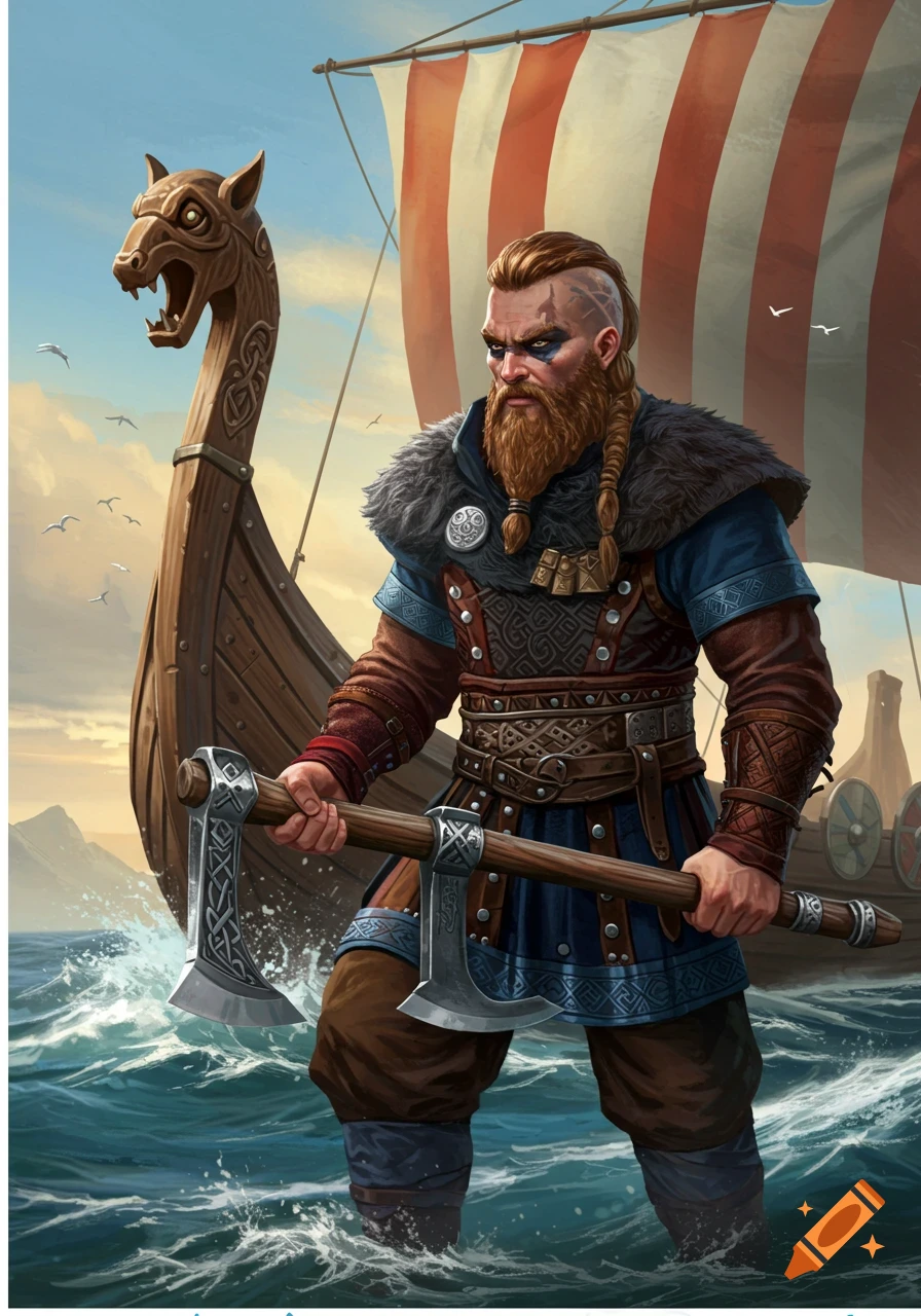 Bearded Viking warrior with a mohawk stands in choppy sea, holding a double axe, with a longship behind. Digital painting.