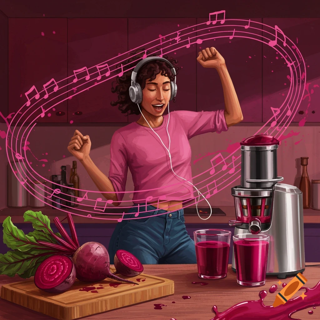 An illustrated woman with headphones dances in a kitchen, making beet juice. Musical notes float around her.