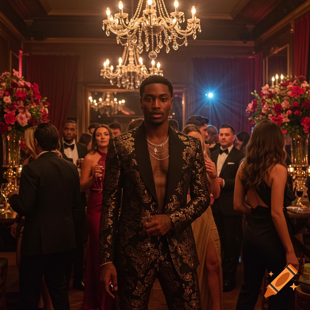 A stylish man in an open, ornate blazer and chains, at a luxurious party with chandeliers and guests.