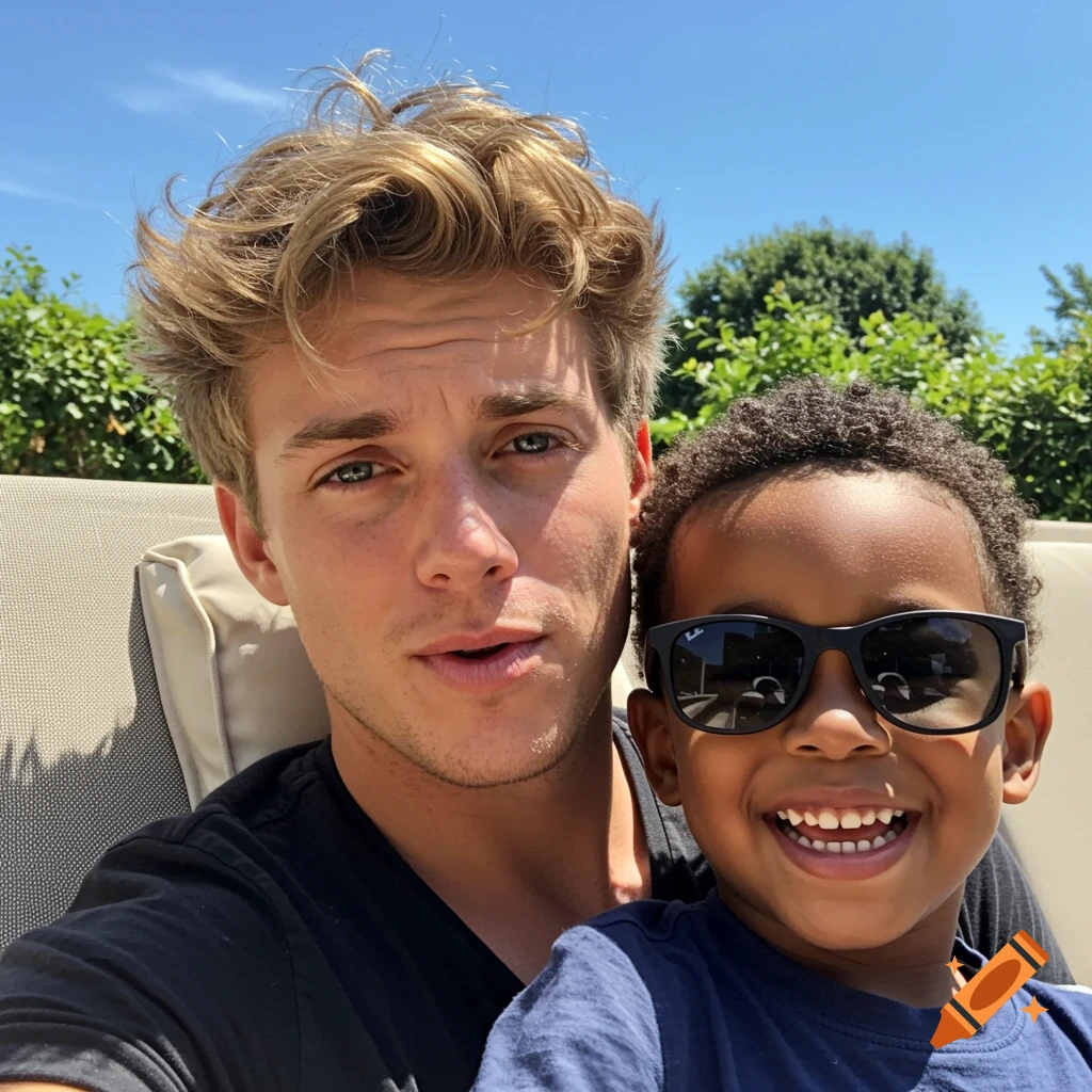 A blonde man and a smiling young child in sunglasses take a selfie outdoors on a sunny day.