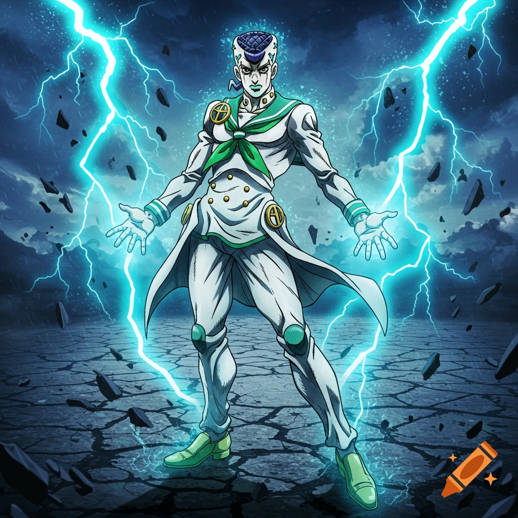 Anime character in a white and green sailor uniform with blue lightning, cracked ground, and a stormy sky.