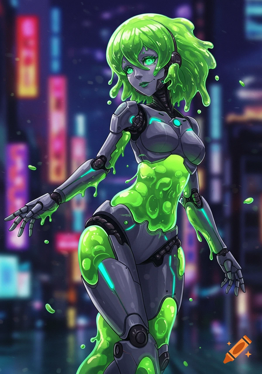 Anime-style robot girl covered in glowing green slime, standing in a futuristic city at night.