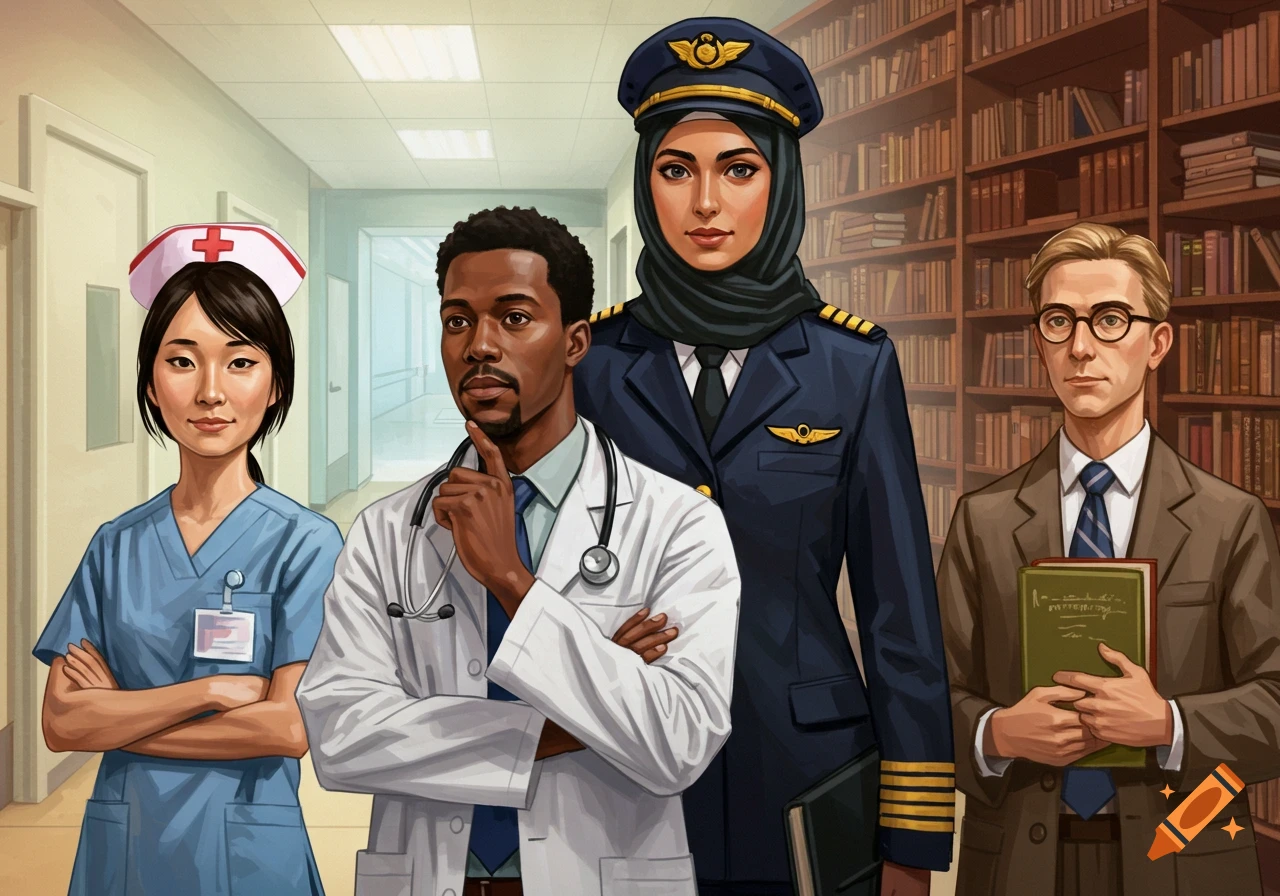 An illustration of a diverse group of professionals including a female nurse, a male doctor, a female pilot in a hijab, and a male professor.