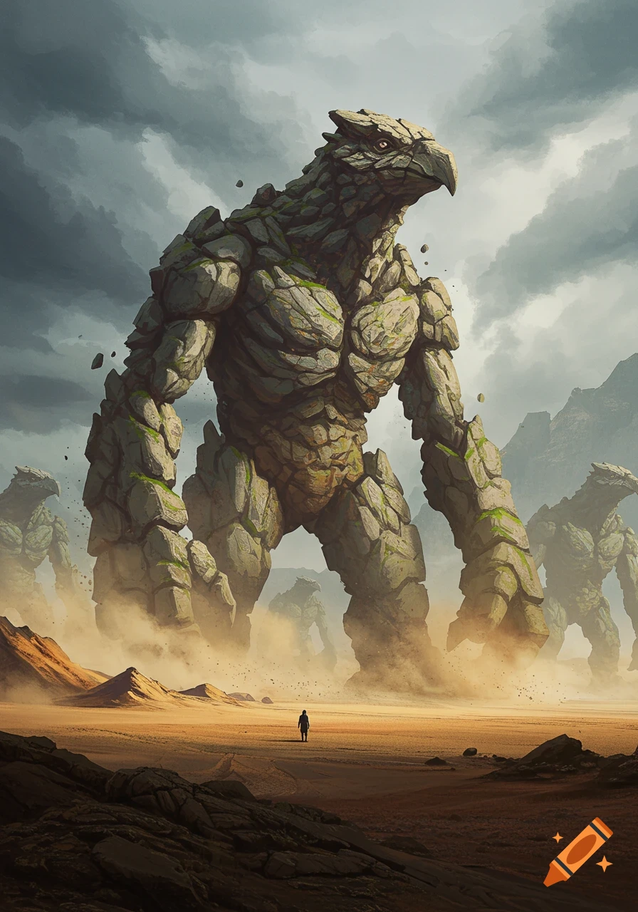 A small figure walks across a vast desert plain towards several colossal, bird-headed rock monsters under a cloudy, stormy sky.