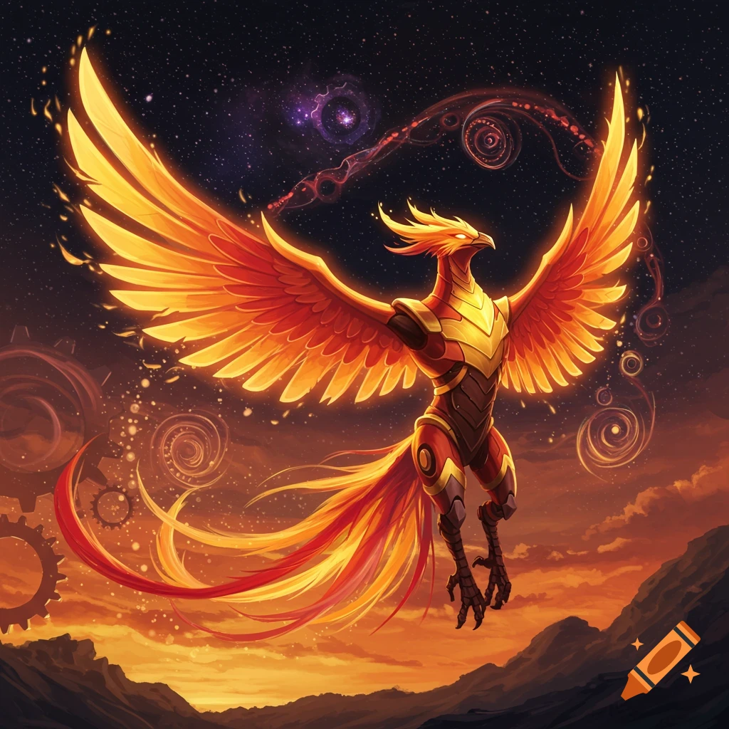 A vibrant, armored phoenix with glowing, outstretched wings soars through a starry night sky with a fiery sunset over mountains.