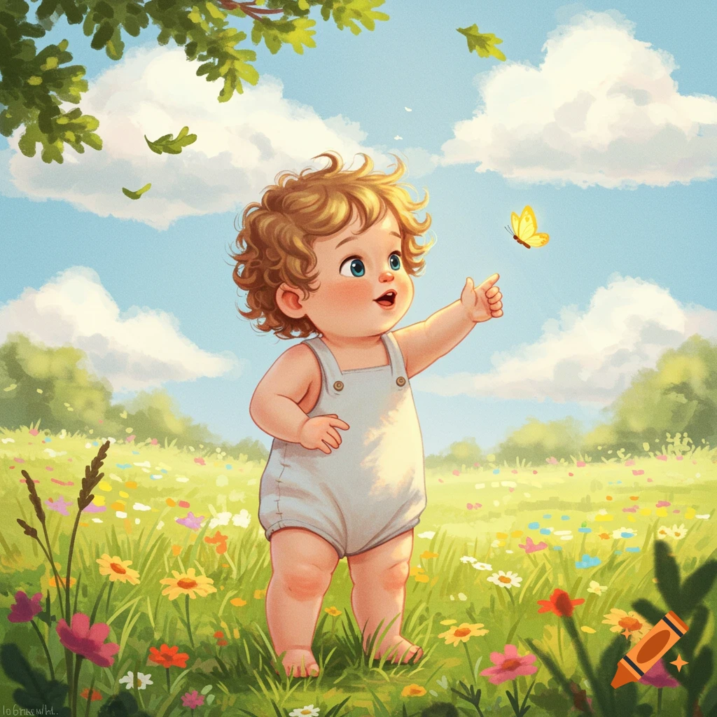 A cute, curly-haired baby in a field of wildflowers reaches for a yellow butterfly under a blue sky. Illustrated style.
