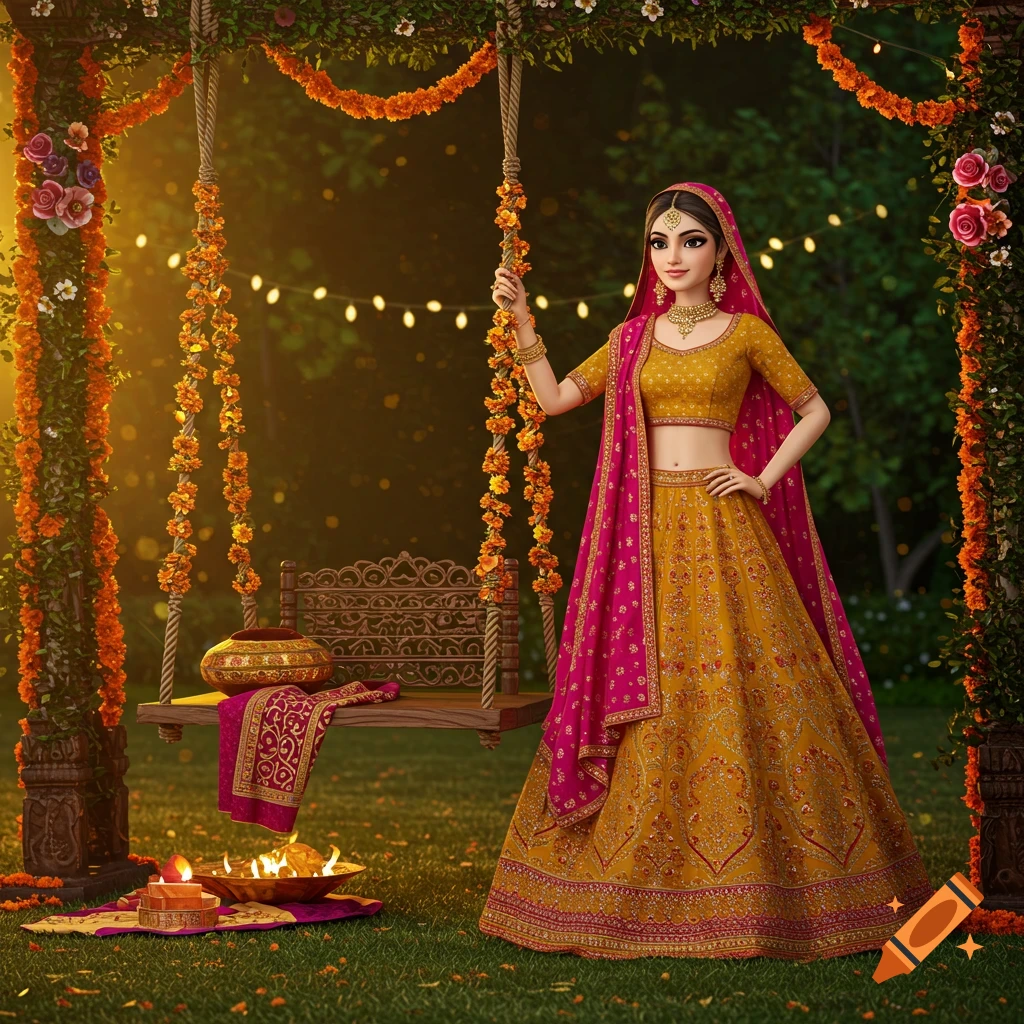 Stylized South Asian bride in yellow lehenga and magenta dupatta by a flower-decorated swing in a vibrant outdoor setting.
