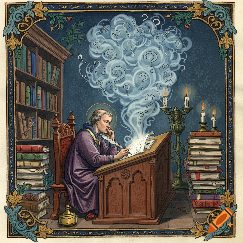 An illuminated manuscript style image of a scholar in a purple robe writing at a desk surrounded by books, with question marks rising from his paper.