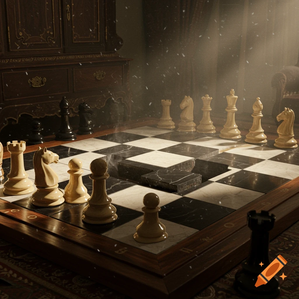 A chessboard with elevated marble squares in a dimly lit, atmospheric room with chess pieces.
