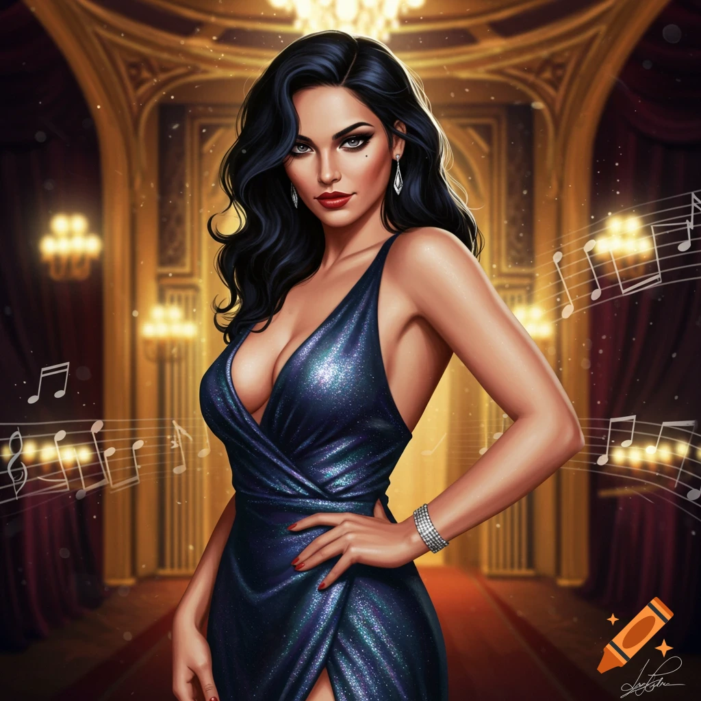 A confident woman with dark wavy hair in a glittering deep blue dress with a slit stands in an elegant hall with musical notes floating around.
