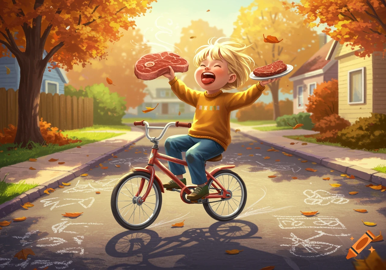 A joyful blonde child on a red bike holds two raw steaks, riding on an autumn street with falling leaves and houses in the background.