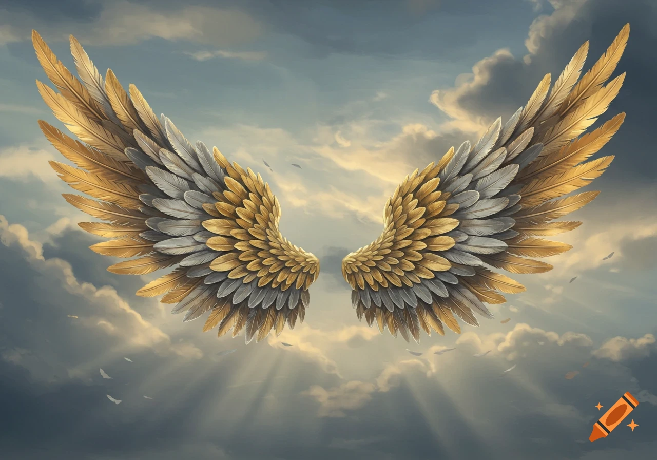 A pair of large, spread golden and silver wings against a cloudy blue sky with sun rays.