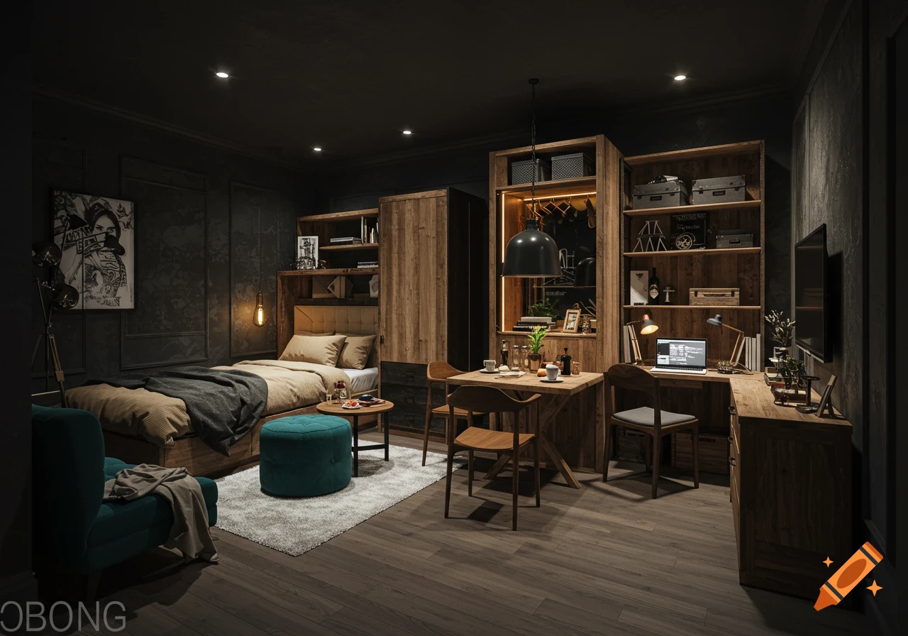 A dark and cozy studio apartment with a bed, teal armchair and ottoman, wooden dining table, and desk with a laptop.