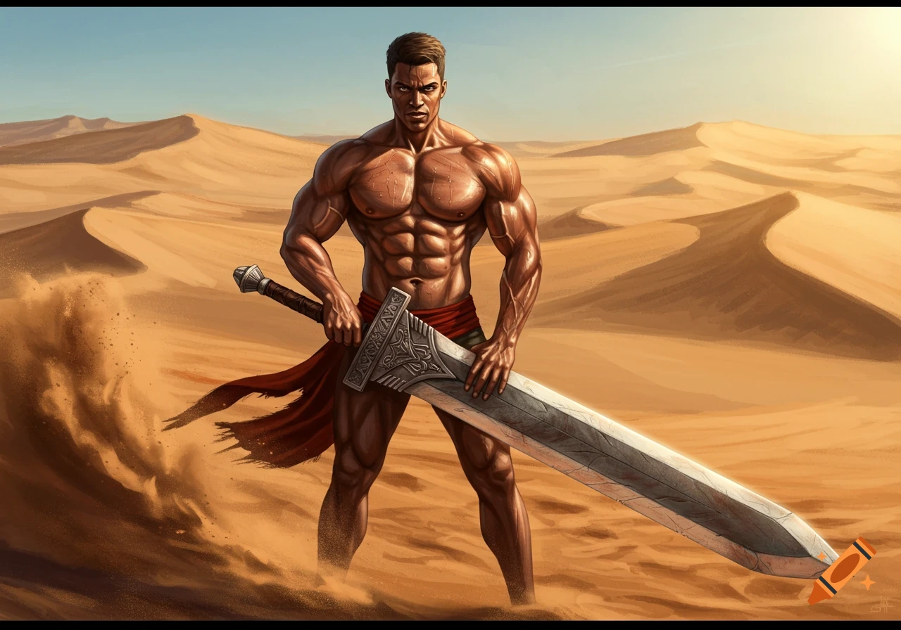 Muscular shirtless man holding a large two-handed sword in a sunlit desert with sand dunes.