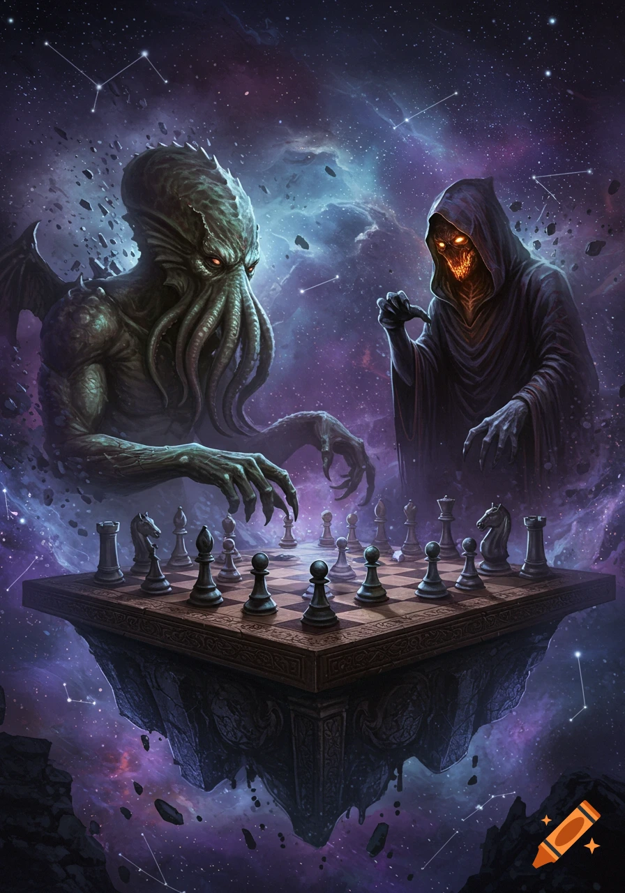 Cthulhu and a hooded, glowing-eyed figure play chess on a floating board in a cosmic, starry galaxy.