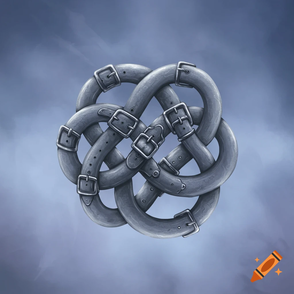 An intricate grey endless knot formed from buckled straps or tubes, centered against a blurry blue and grey background.