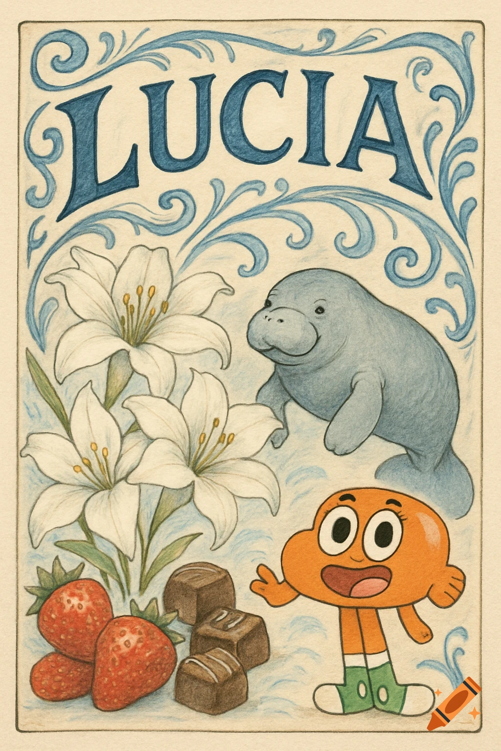 Hand-drawn artistic poster with "LUCIA" at the top, a manatee, white lilies, strawberries, chocolates, and Darwin from Gumball.