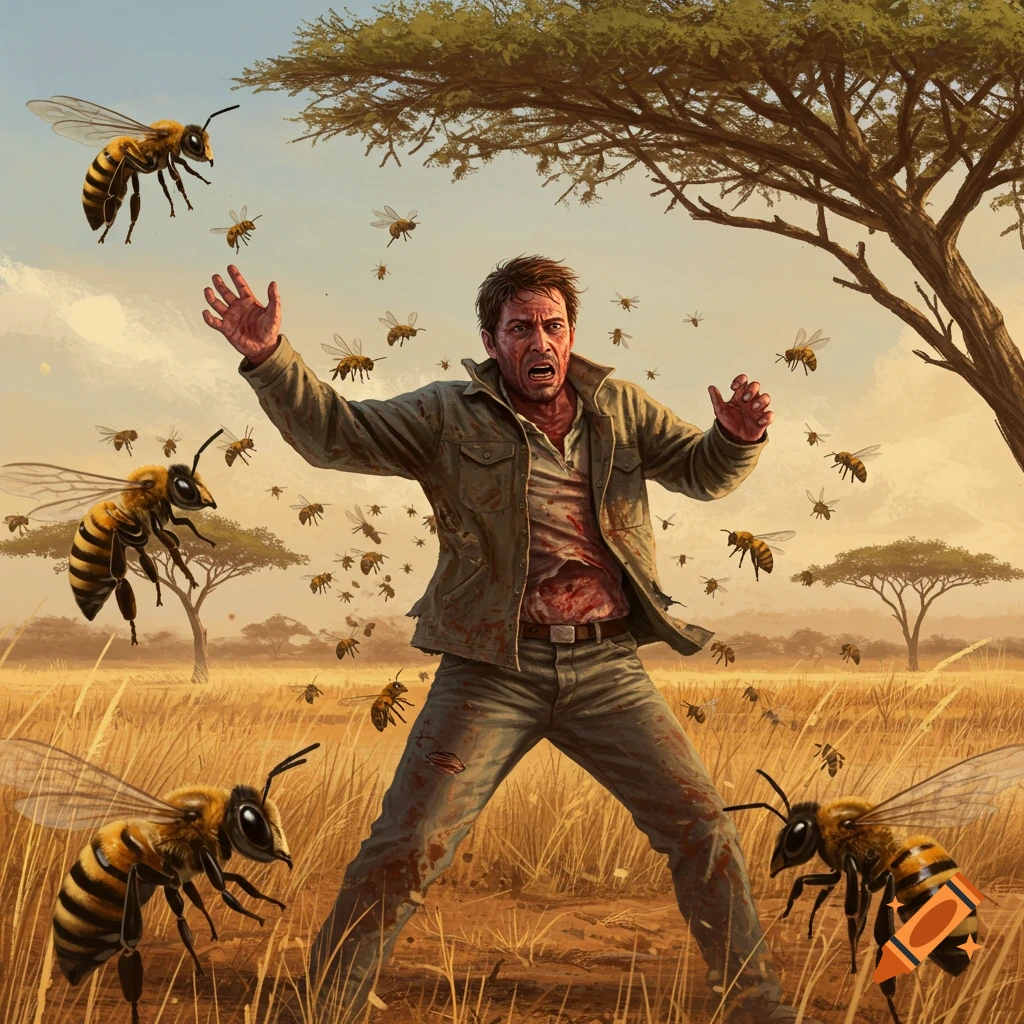 Illustration of a man being attacked by a swarm of bees in a sunny savanna.