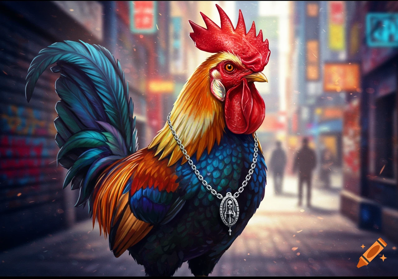 Colorful stylized rooster with a comb and wattle, wearing a silver chain with a Santa Muerte pendant, standing in a blurred urban street.