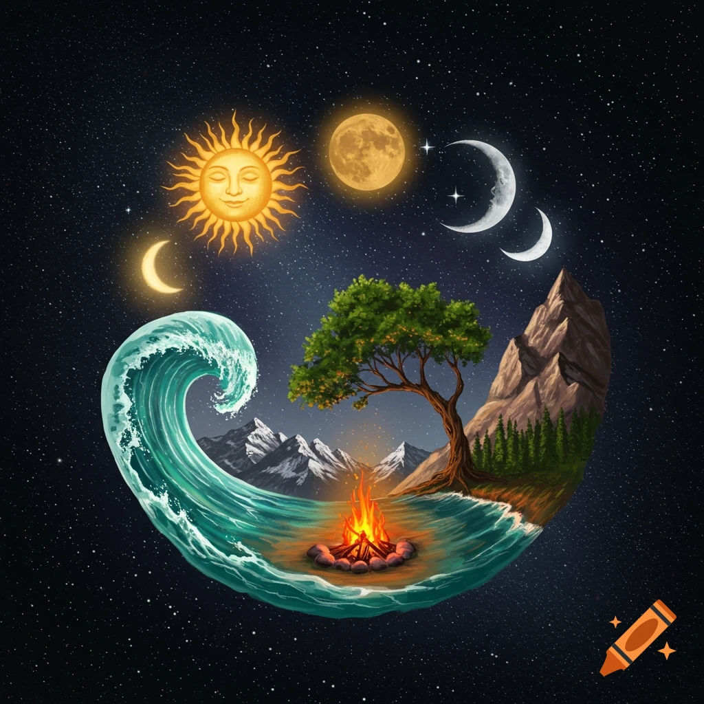 Illustrative scene of a floating landmass with a wave, mountains, tree, and campfire under a starry sky with sun and moons.