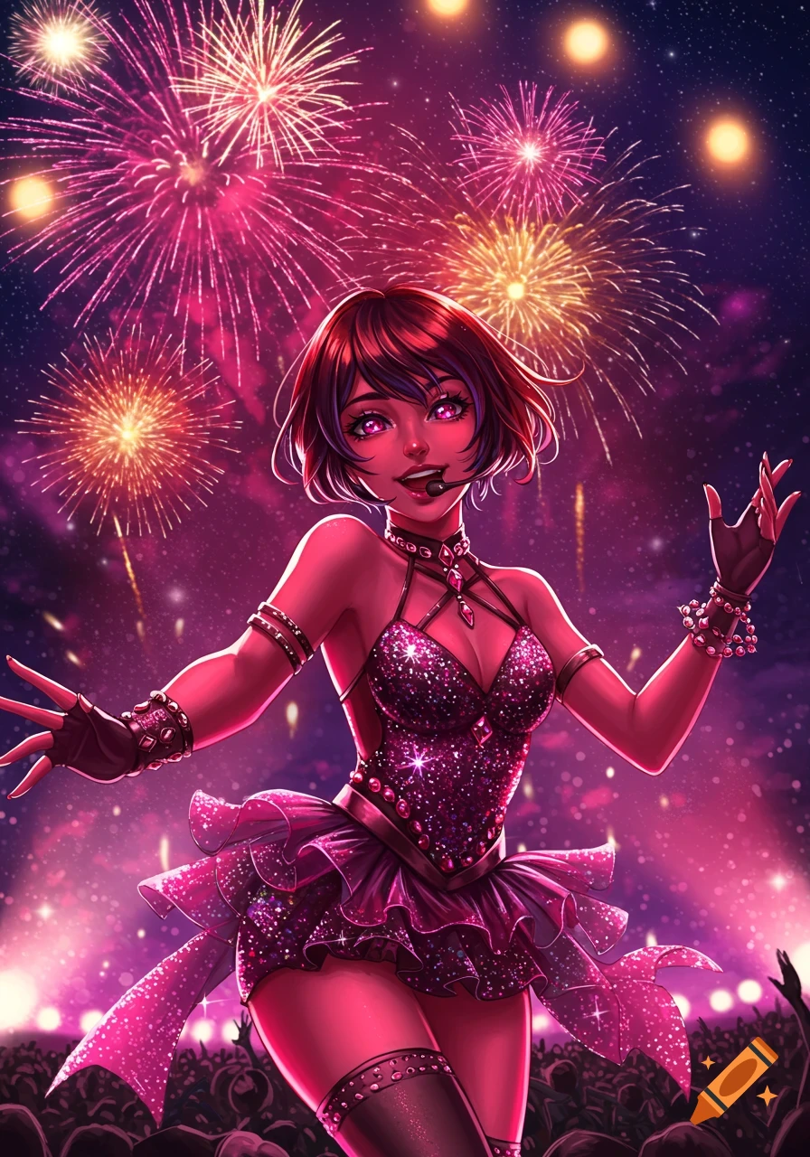 An anime-style female elf with pink skin and eyes, wearing a sparkly K-pop outfit, singing on stage with fireworks exploding in the night sky.