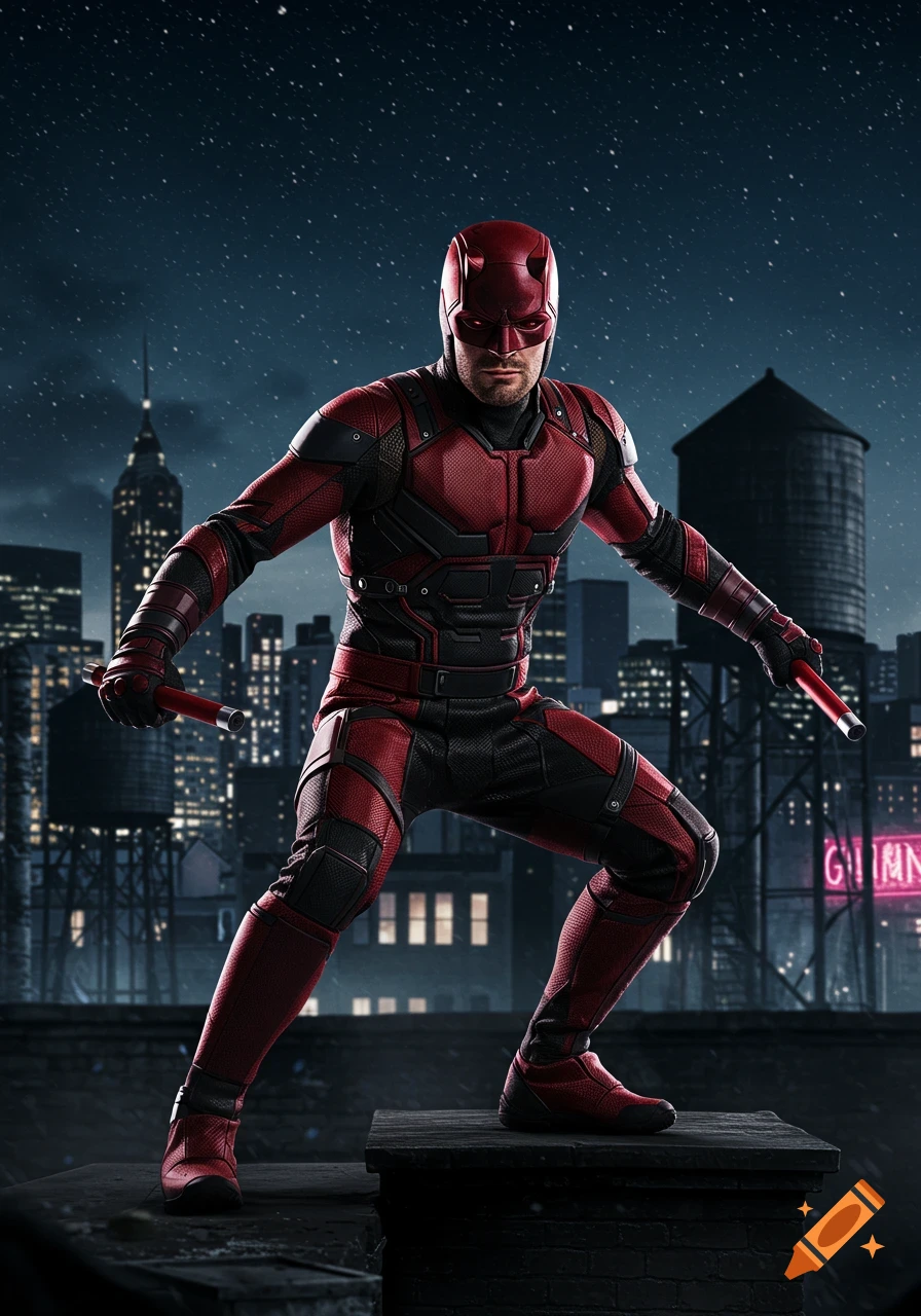 Daredevil superhero in a red suit stands heroically on a gritty urban rooftop at night.