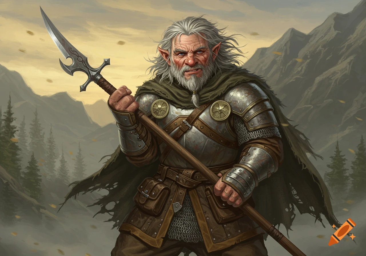 A grizzled fantasy warrior with long gray hair and armor holds a glaive against a mountainous backdrop.