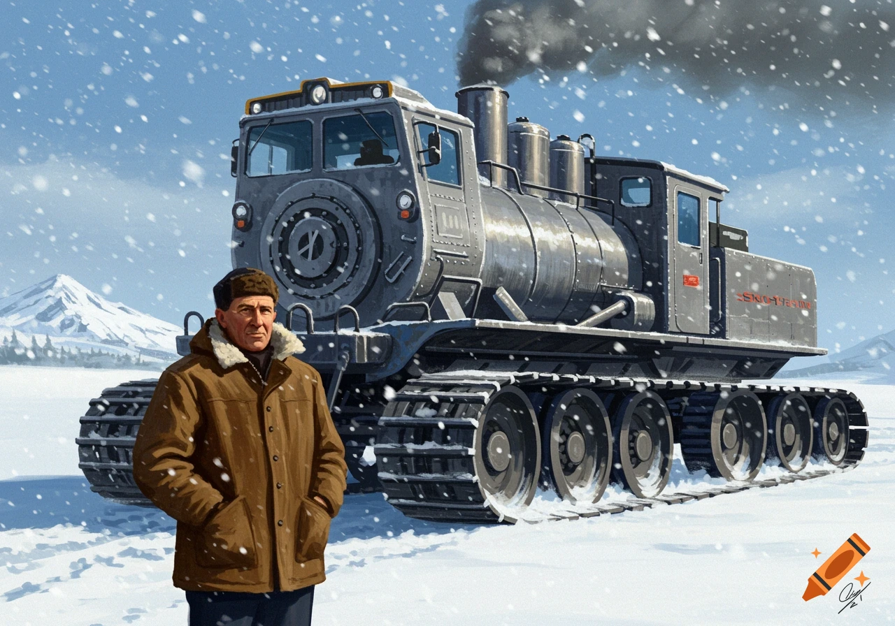 A man in a brown winter coat and hat stands in a snowy landscape next to a large, grey tracked steam vehicle, with mountains in the background. Illustrative style.