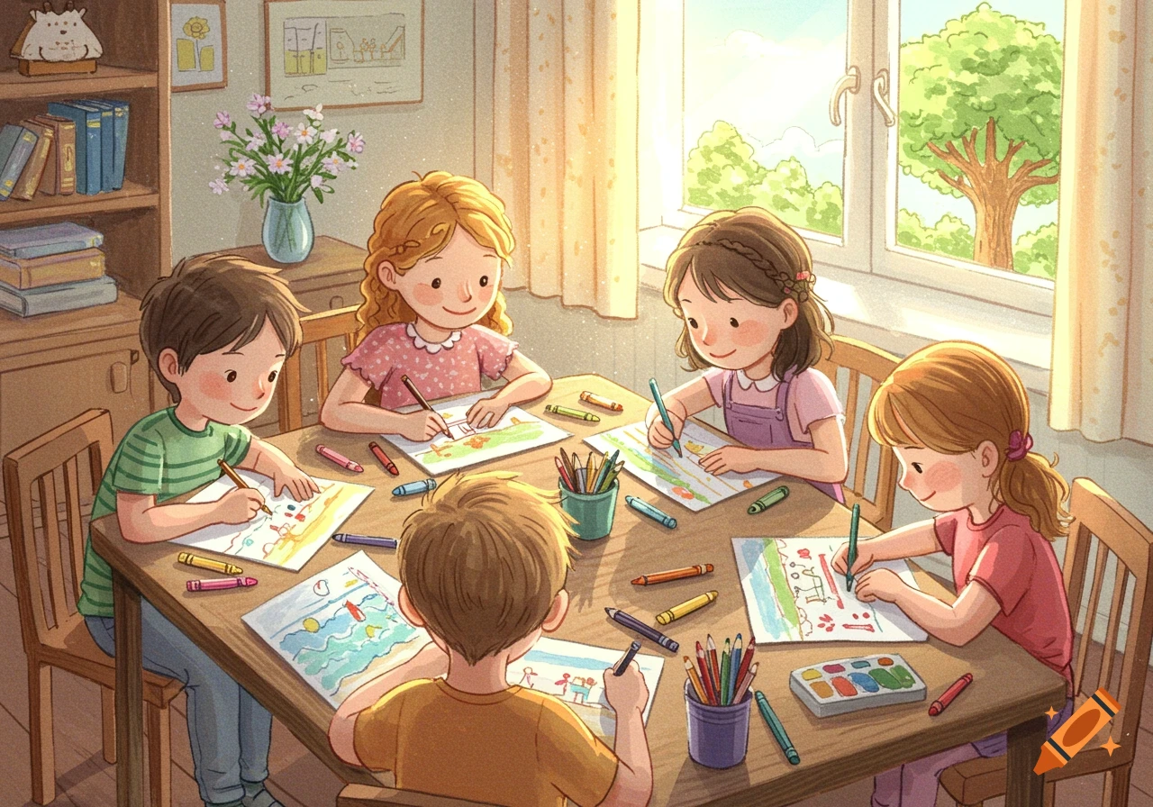 Five smiling children draw with crayons and colored pencils around a table in a cheerful cartoon style.
