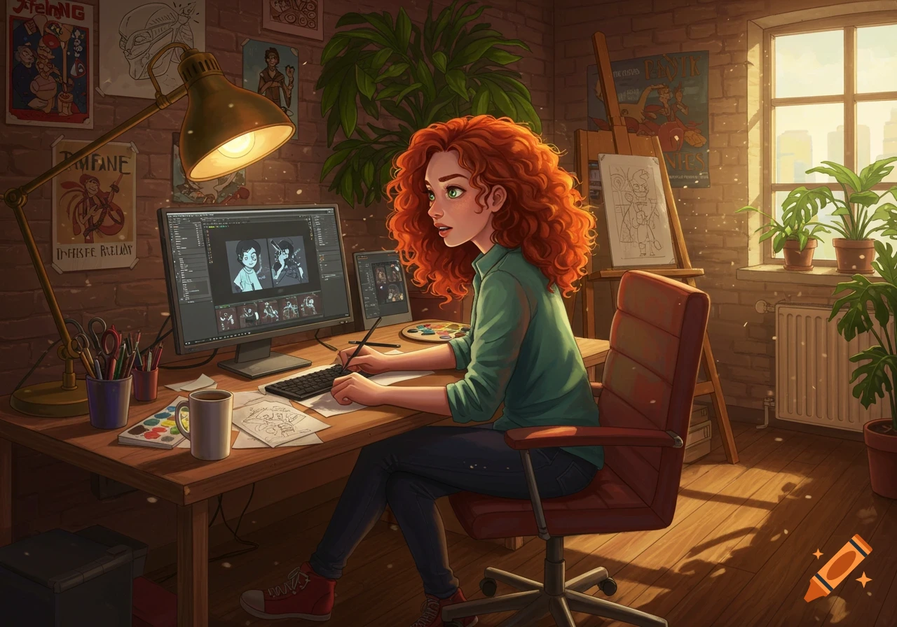 A young woman with curly red hair works on an animation at a desk, drawing on a tablet and looking at a computer screen in a sunlit room, illustration.