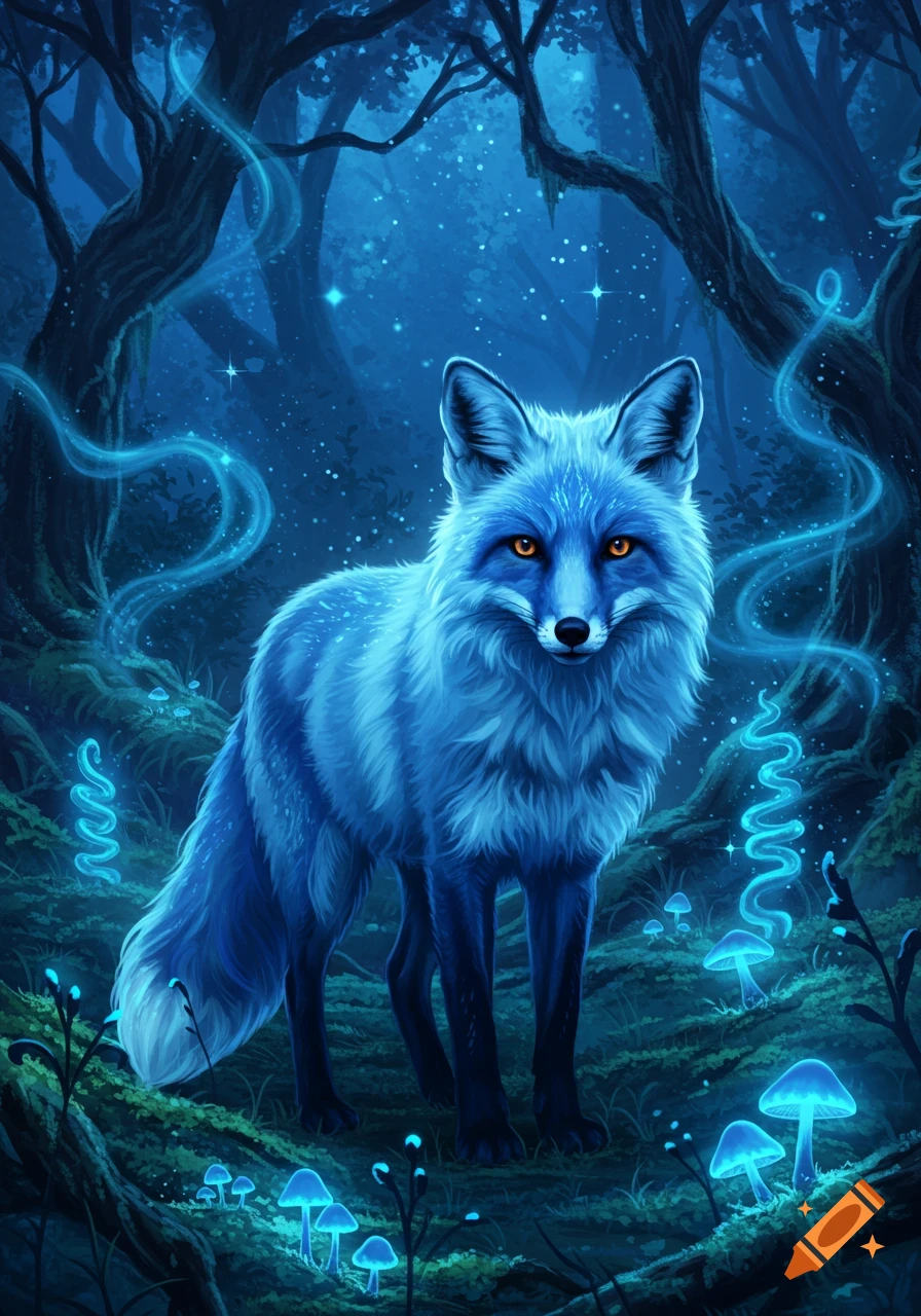 A bright blue fox with orange eyes stands in a dark, magical forest surrounded by glowing blue mushrooms and ethereal wisps.