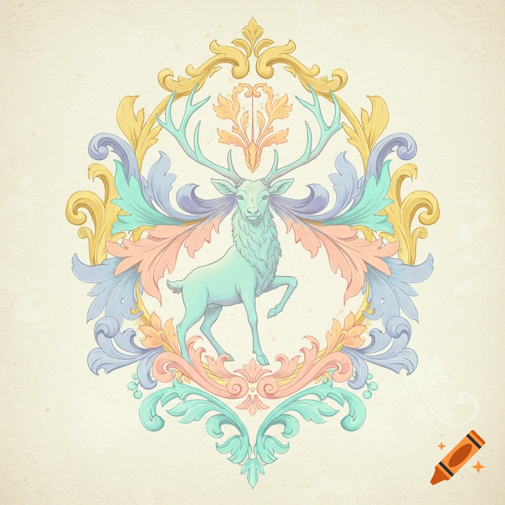 Pastel illustration of a teal deer with large antlers, standing within an ornate, light-colored scrollwork frame.