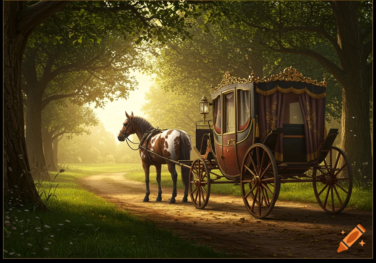 An ornate horse-drawn carriage on a sunlit dirt path in a lush forest.