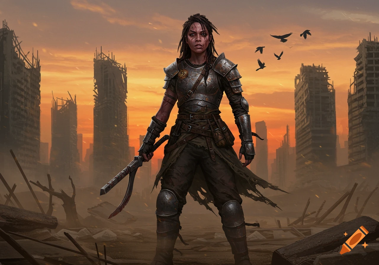 A woman warrior with a scarred face and dreadlocks stands in full armor, holding a unique weapon, in a desolate, ruined city at sunset.