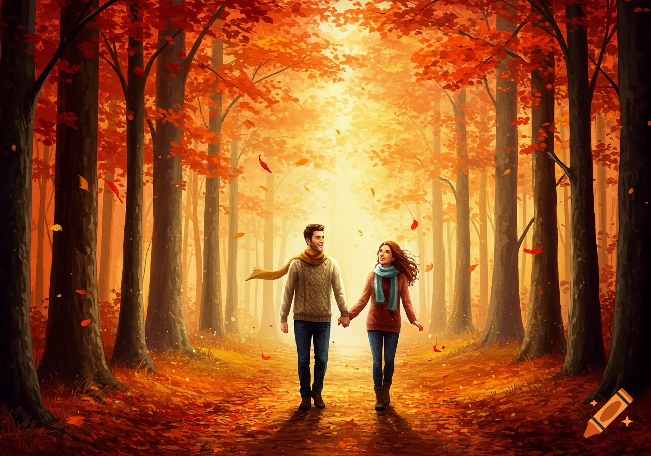 A happy couple walks hand-in-hand down a leaf-covered path in a vibrant autumn forest, sunlight shining through orange and red trees.