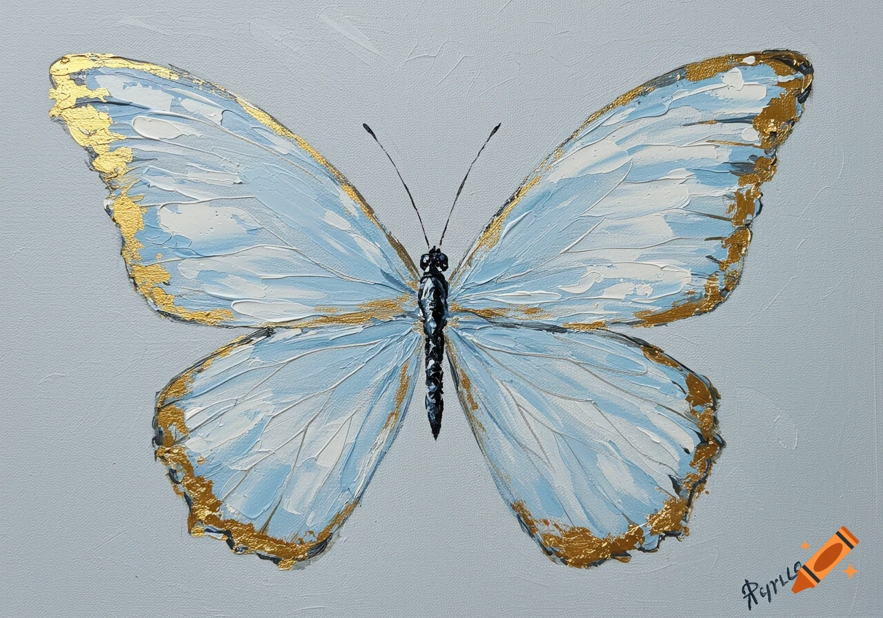 Minimalist oil painting of a blue butterfly with gold leaf accents on a light blue background.